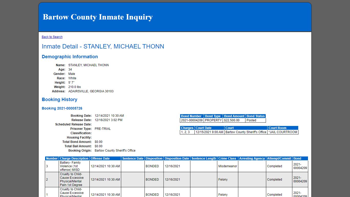 Inmate Detail - STANLEY, MICHAEL THONN